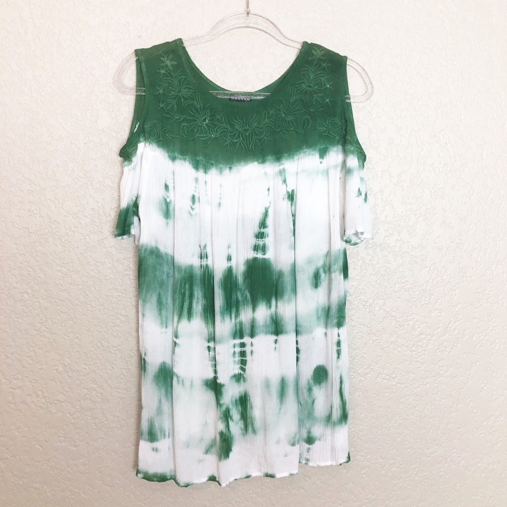 EUC Hanna tie dye embroidered cold shoulder top